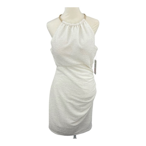 Eliza J Ivory & Gold Fukuro Textured Glitter Halter Sheath Party Cocktail NWT - Picture 1 of 13